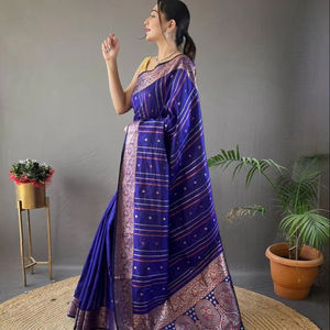 Saris de seda indios tradicionales con plata, cobre, forro Zari tejido y tejido Jacquard diseño de borde indio pakistaní - Product Image 1