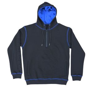 Chándal personalizado con logotipo en relieve y punto de contraste, forro polar negro con costuras azules, Capucha forrada de satén, Sudadera con capucha y cremallera - Product Image 1