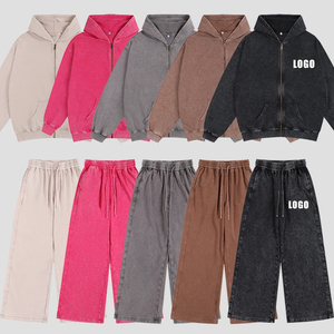 Fournisseur de survêtements OEM, survêtement deux pièces délavé à l'acide, streetwear pour hommes, survêtement déchiré et cousu, ensemble sweat-shirt et pantalon délavé au soleil - Product Image 1