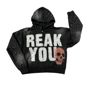 เสื้อฮู้ดดี้ปักลายแบบดิสเทรส แต่งคริสตัล ซิปนุ่ม สไตล์สตรีทแวร์ ทรงโอเวอร์ไซส์ ล้างสีซีดแบบซันเฟด ขายส่งแบบ OEM - Product Image 1