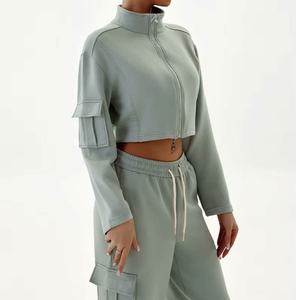 High Quality Custom Logo Blank <b>Sexy</b> Zip up Tracksuit Sweatsuit Women 2PCS Cropped Hoodie and Sweatpants <b>Set</b> - Product Image 5