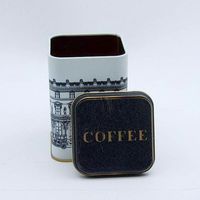 Boîte en métal carrée vintage Kontensan ER0182A 90x90x125 mm avec illustration de paysages urbains, 1L, couvercle coulissant, accessoires pour café et thé