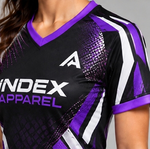 Maillot de football pour femme INDEX APPAREL, col en V, manches courtes, imprimé par sublimation, anti-humidité, violet, noir, blanc, coupe ajustée athlétique - Product Image 6