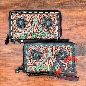 Portefeuille sculpté usiné à la main pochette étui de téléphone élégant beau portefeuille de créateur multi-usages portefeuilles de bracelet en cuir occidental - Product Image 1