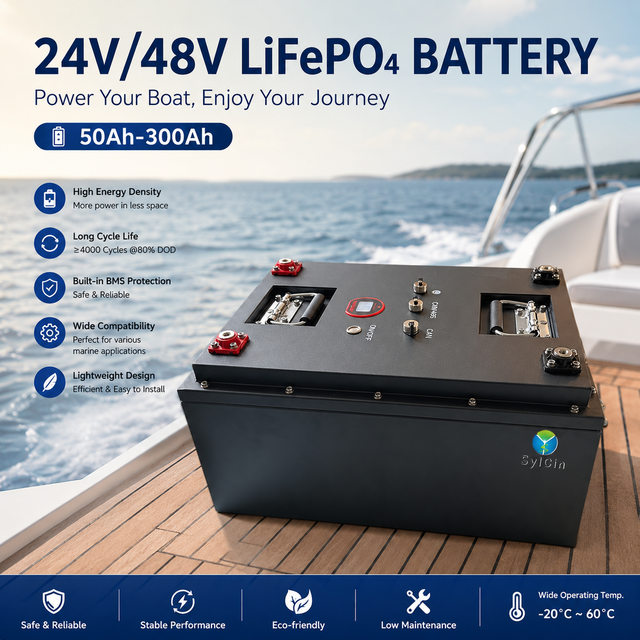 48V 50Ah 100Ah 105Ah Lithium Marine Battery Smart BMS 5000 Deep Cycle IP65 Waterproof OEM ODM Service for Yacht Starting Boat