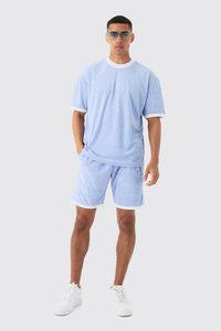 Conjunto de camiseta y pantalones cortos de toalla de contraste de cuello extendido transpirable de gran tamaño de alta calidad, conjuntos gemelos informales para hombres, conjunto de secado rápido - Product Image 4