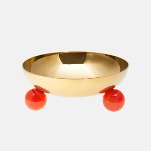 Bol de service en aluminium plaqué or brillant Bol de service à fruits arrondi avec base en métal de couleur orange pour la vente - Product Image 5