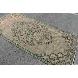Alfombra de lana turca Vintage de 4,5x9,3 pies, área grande, patrón de retazos beige y verde clásico, respaldo de látex para adolescentes y adultos - Product Image 2
