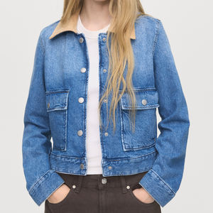 Veste en jean bleu pour femme, décontractée, boutonnée, avec col contrasté, élégante, tendance streetwear, pièce superposable pour tous les jours - Product Image 2