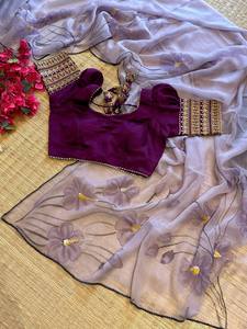 Impression numérique de sari en organza de soie pure de créateur avec de belles bordures de broderie Mariage traditionnel et vêtements de fête - Product Image 6