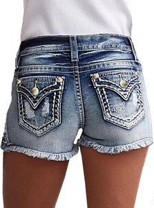 Short en jean pour femme Short extensible régulier en denim déchiré respirant taille moyenne à ourlet brut vieilli - Product Image 5