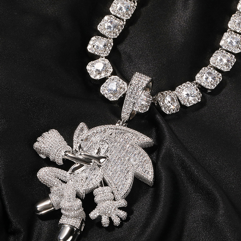 Collier chaîne hip hop en acier inoxydable 2023, collier ras du cou cubain glacé avec pendentif Super sonique en diamant plein de dessin animé Hip Hop