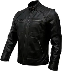 Racing Black Casual Real Leather Jacket for Mens Motorcycle Genuine Leather Motorcycle Biker Jackets