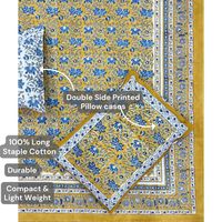 100% pur coton reine taille ensemble de draps jaune bleu imprimé fleuri bloc 2 taies d'oreiller réversibles ensembles de taies d'oreiller Premium