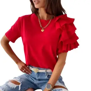 2023 New Women Clothing Summer Women's Heart Collar T-shirt Double Layer Lotus Leaf Short Sleeve Ladies T-Shirt