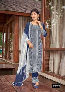 Traje de rayón con borde de encaje para mujer, ropa de moda india con trabajo de chiffli con secuencia, Salwar, Nazmeen Dupatta - Product Image 5