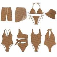Set Bikini Wanita Berkualitas Tinggi Custom Bandeau Pakaian Pantai Motif Leopard Paisley Plaid Berpayet Bulu Seksi 2-Potong