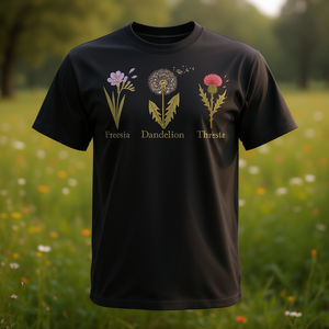 T-shirt promozionale da donna con fiori vintage delicati: Fresia, Tarassaco, Cardo - Product Image 3