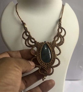 Collar con colgante de macramé largo del proveedor al por mayor, forro de piña, jaspe, color gris, hilo, pulseras de eslabones de cadena fina - Product Image 3