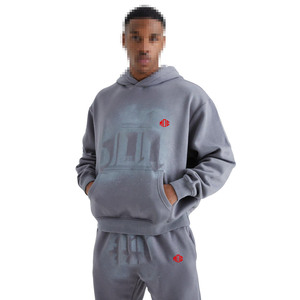 ชุดฮู้ดดี้และกางเกงจ็อกเกอร์ผ้าฟลีซพิมพ์ลายแอร์บรัชสีเทา สำหรับผู้ชาย สตรีทแวร์ฤดูหนาว เสื้อฮู้ดดี้แบบสวมหัวอุ่นสบายสำหรับผู้ชาย ป้องกันรอยยับ ระบายอากาศได้ดี - Product Image 3