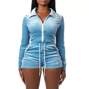 Custom Wholesale Cropped Velour Two Piece Tracksuit <b>Short</b> <b>Sleeves</b> Zip up <b>Sweatshirt</b> <b>Shorts</b> Set Women - Product Image 3
