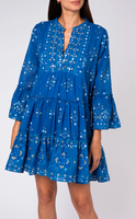 Encapsule Femmes Élevées Miroir Brodé Resortwear Soins Style Libre Mosaïque Impression Manches Évasées Filles Robe En Bleu Royal