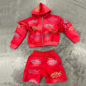 Ensemble de survêtement streetwear deux pièces pour homme, effet délavé, avec logo brodé personnalisé, sweats à capuche zippés 500 g/m² 100 % coton, coupe oversize doublée - Product Image 1