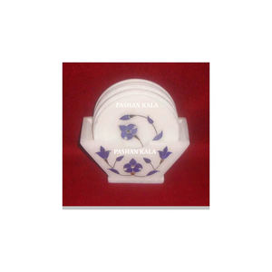 Juego de posavasos con incrustaciones de mármol blanco puro con diseño floral Color azul para decoración del hogar y propósito de regalos Exportación e importación - Product Image 1