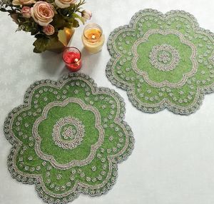 Handmade Green Beaded Placemat with Floral Design Knitted <b>Table</b> <b>Mat</b> for Wedding Centerpiece Decor Export Quality - Product Image 1