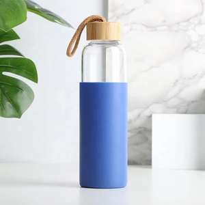 Wholesale Bamboo Lid Clear Borosilicate <b>Glass</b> <b>Bottle</b> with sleeve Reusable Travel Fridge Customizable Direct Drinking - Product Image 3