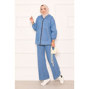Ensemble en jean bleu pour femme avec fermeture éclair et poche kangourou - Product Image 6