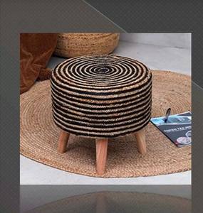 Ensemble de 2 tabourets ottoman ronds mobiles en bois avec base tressée en jute et coton noir, design moderne, pour décoration de mariage - Product Image 2