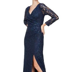 Abito da donna Alex Eve blu con paillettes, vita arricciata, silhouette a tubino, lunghezza al pavimento, scollo a cuore, perle, fiori, piume, taglia 10 - Product Image 3