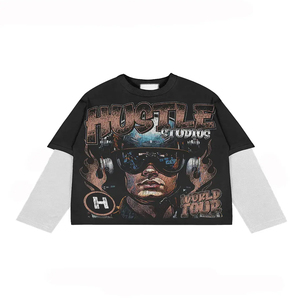 Offre Spéciale professionnel 100% coton graphique imprimé respirant à la mode Double couche à manches longues hommes T-Shirt lourd - Product Image 5