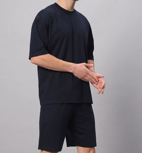 Conjuntos de manga corta informales de dos piezas de verano para hombre, camiseta y pantalones cortos de algodón y poliéster, tejido de punto de secado rápido - Product Image 1