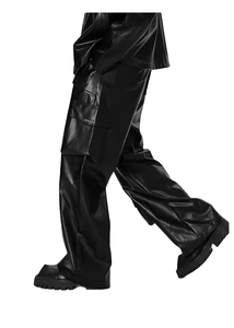 กางเกงหนังผู้ชายยาวถึงพื้นกางเกงทรงตรงลำลองทรงหลวมสีล้วนมีกระดุม - Product Image 3