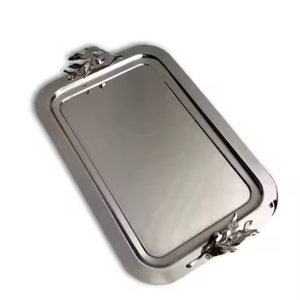 Premium Grade Silver Leaf Handle Metallic Plate Made in India High Quality Private Logo Printed Hotelware <b>Serving</b> <b>Dish</b> Tray - Product Image 1
