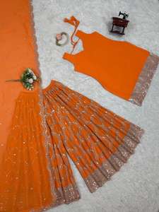 Diseñador Premium Heavy Work Festival Wear Faux Georgette Top e hilo Palazzo con bordado de secuencia Top de trabajo con Sharara - Product Image 6