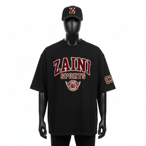 T-shirt pour homme de style boxy, coton lourd 240 GSM, noir, coupe décontractée, col rond, broderie en chenille personnalisée, chemises pour homme - Product Image 1