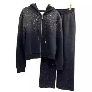 New Arrival Acid Wash Streetwear Hooded Heavyweight Solid Warm Winter Rhinestone <b>Tracksuit</b> High Quality Custom Logo Cotton - Product Image 1