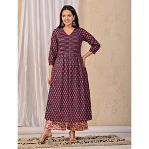 Ensemble Kurta et pantalon en coton imprimé à blocs violet foncé, vêtements traditionnels régionaux - Product Image 6