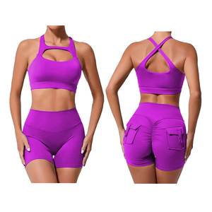 Vente en gros de vêtements de sport soutien-gorge à épaule dénudée pour femmes ensembles de yoga ensemble soutien-gorge et short de sport pour femmes ensemble de sport - Product Image 2