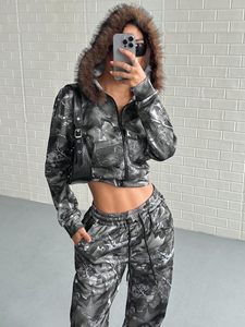 Sweat-shirt à capuche imprimé feuille arbre nu camouflage vintage ensemble de pantalons de survêtement léger automne hiver ensemble 2 pièces Applique Technique basse - Product Image 5