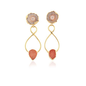 Bijoux de mariage double pierre boucle d'oreille quartz solaire naturel et sucre druzy boucle d'oreille plaqué or infini design déclaration boucles d'oreilles - Product Image 1