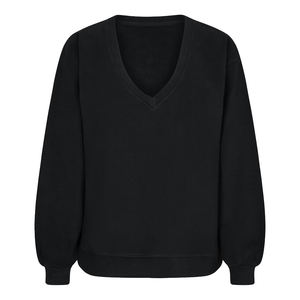 Sweat-shirt noir à col en V en polaire tricoté respirant, brodé et gaufré, écologique, pour femme, hiver, 340g, devant - Product Image 1