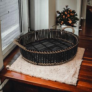 <b>Round</b> Trendy Black Display Serving <b>Wicker</b> Metal Tray with Handle Rattan Hand-woven Factory Price Tabletop Eco-friendly Household - Product Image 4