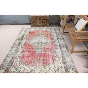 5.4x8.8 ft Turkish Rug, Vintage Large Rug, <b>Red</b> Green Floral <b>Wool</b> Rug - Product Image 2