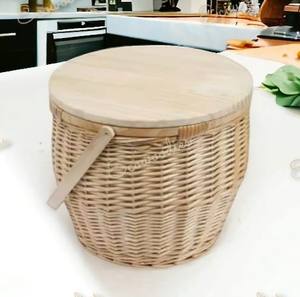 Handmade Rectangular Natural Wicker Craft Willow <b>Picnic</b> Storage Rattan Baskets With Cooler Wood Desk with Lid and Handle - Product Image 4