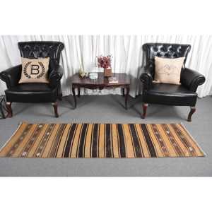 Vintage Kilim Rug 2x7.4 ft, <b>Brown</b> Yellow Floral <b>Wool</b> Turkish Rug - Product Image 2