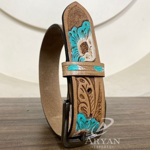 Factory Wholesale High Quality Western Style Hand <b>Tooled</b> <b>Leather</b> Belt for Girls & Boys Custom Designer Pin Buckle Belt for Kids - Product Image 1
